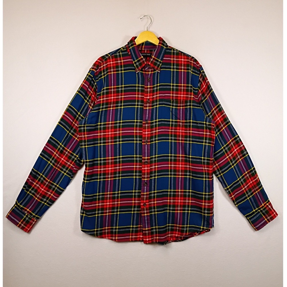 Heritage Lands End Mens Large Tall Blue Red Plaid Traditional Cotton Shirt